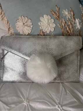 Silver Metallic Envelope Clutch with White Faux Fur Pom